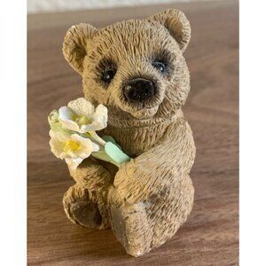 Stone Critter Bear Holding Flowers Figure 2.5 inch tall